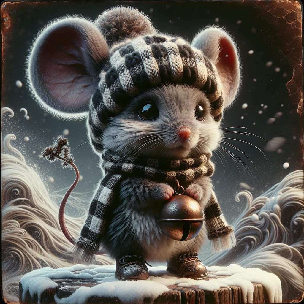 Cute Christmas Mouse with Bell in Fantasy Art