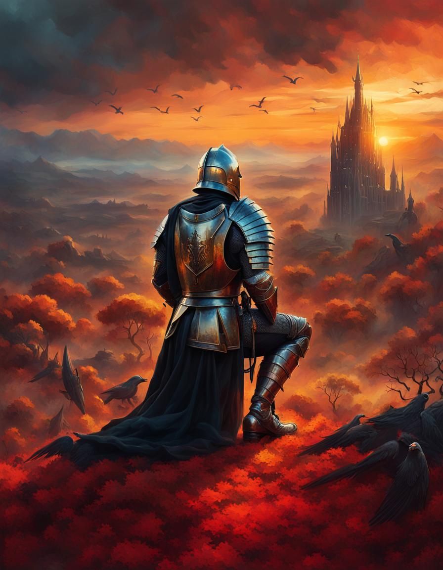 Epic Fantasy Knight in Prayer Amid Sunset Landscape