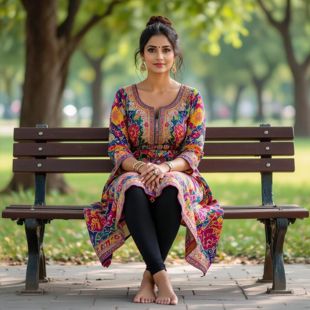 Indian Woman in Traditional Dress on Park Bench