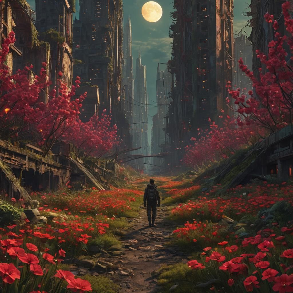 Lone Survivor Amidst Crimson Blooms in Abandoned Futuristic....