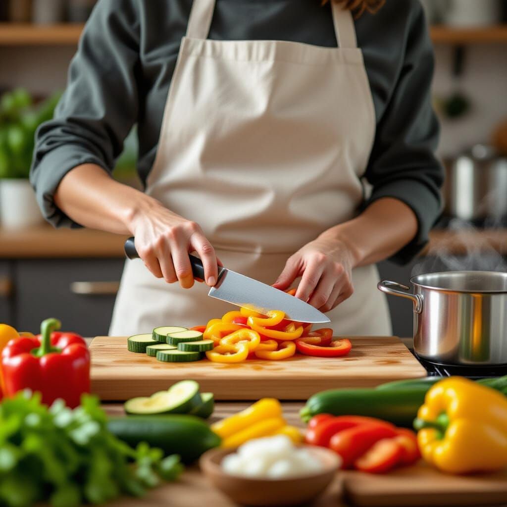 Teacher's Hands Chopping Vegetables in Cozy Kitchen