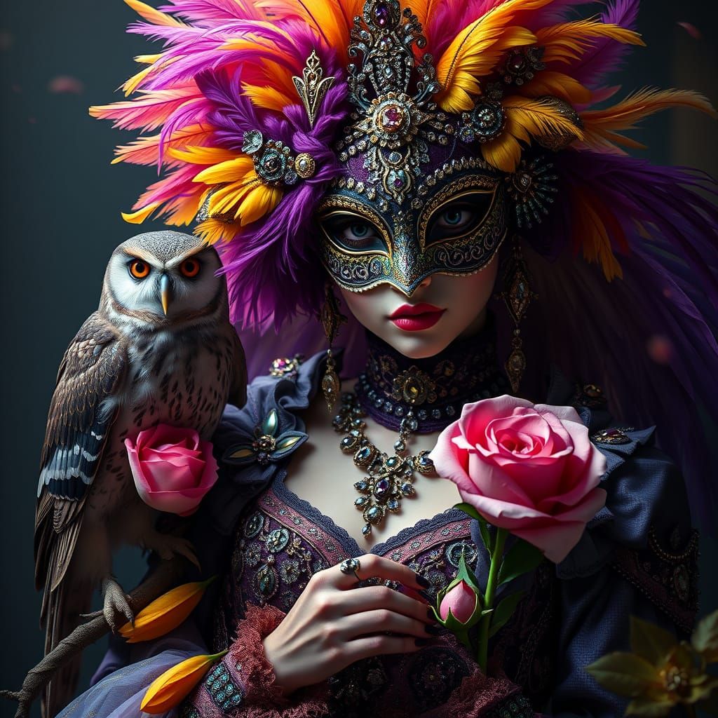 A fairy-tale figure wears an ornate mask adorned with jewels and feathers. Beside her, an owl perches gracefully, and sh...