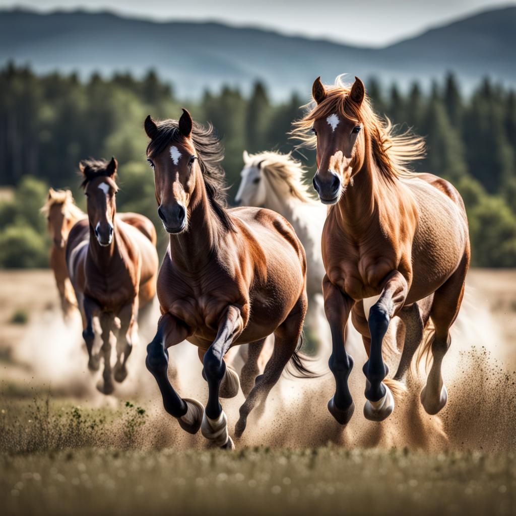 Wild Horses Running in a Meadow: Hyperrealistic Photo