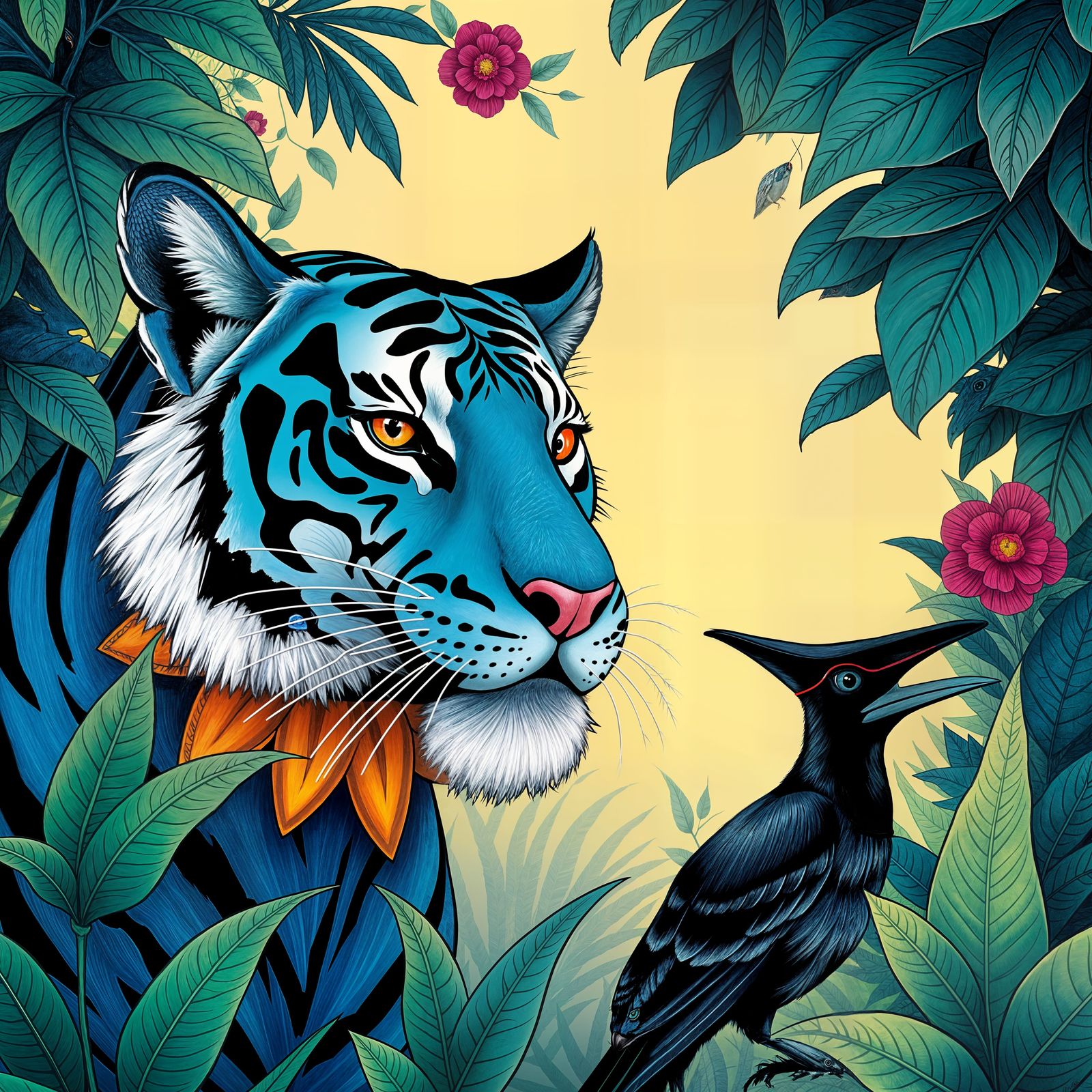 Blue Tiger and Magpie in Pop Art Style