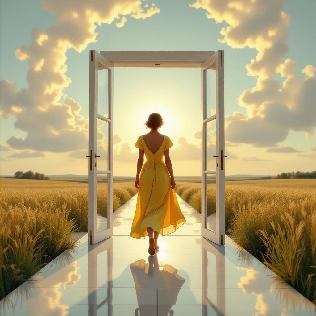 Surreal Woman in Yellow Dress with Glass Door