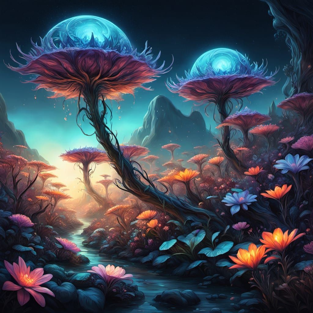 Alien Flower Landscape in Deep Twilight