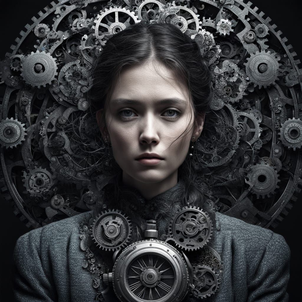 Somber Woman with Cogwheel Watch in Fractal Art Style