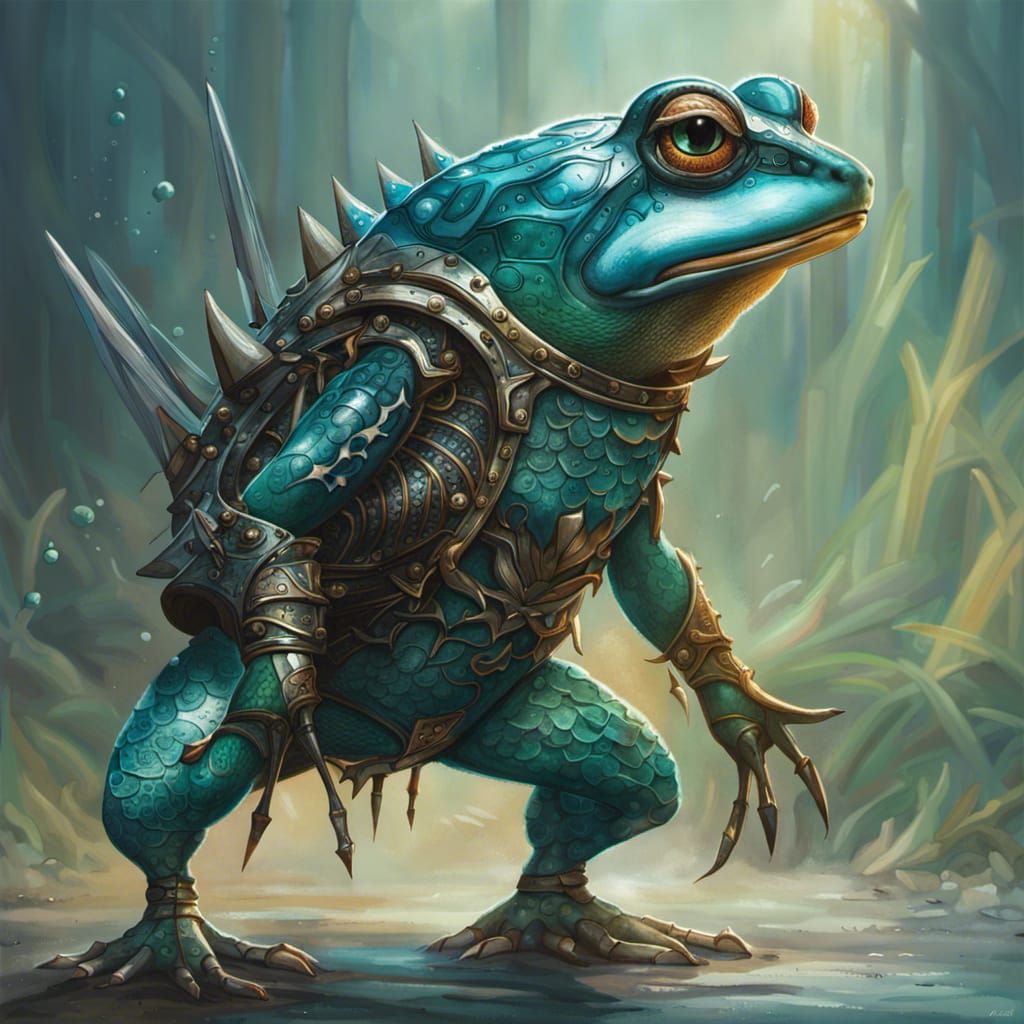 Armored Teal Frog Creature in Hyperrealistic Style