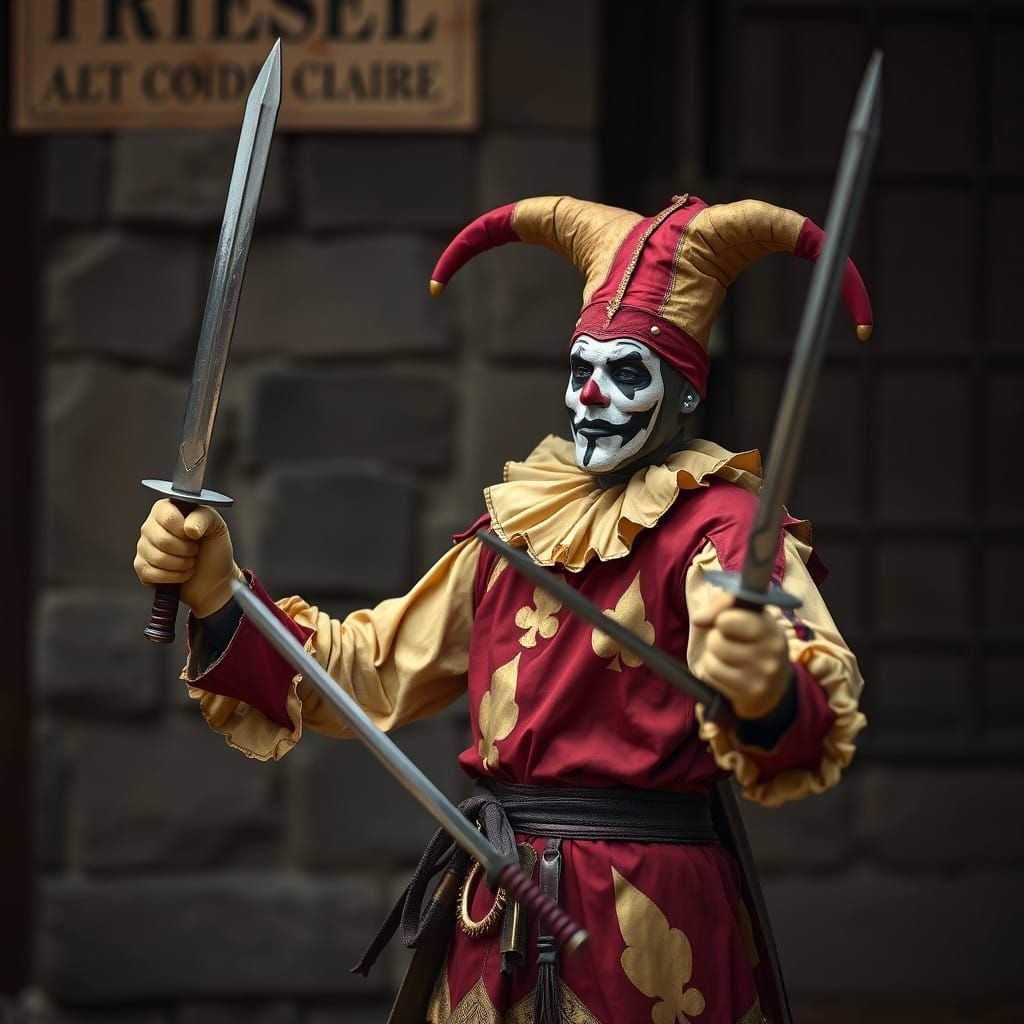 Medieval jester juggling swords