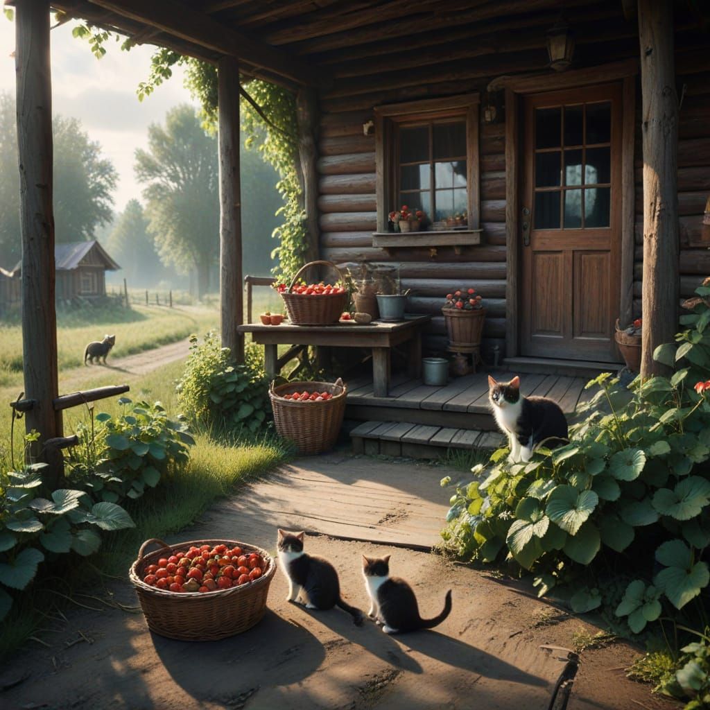 Russian Village Scene with Strawberries and Kitten Play