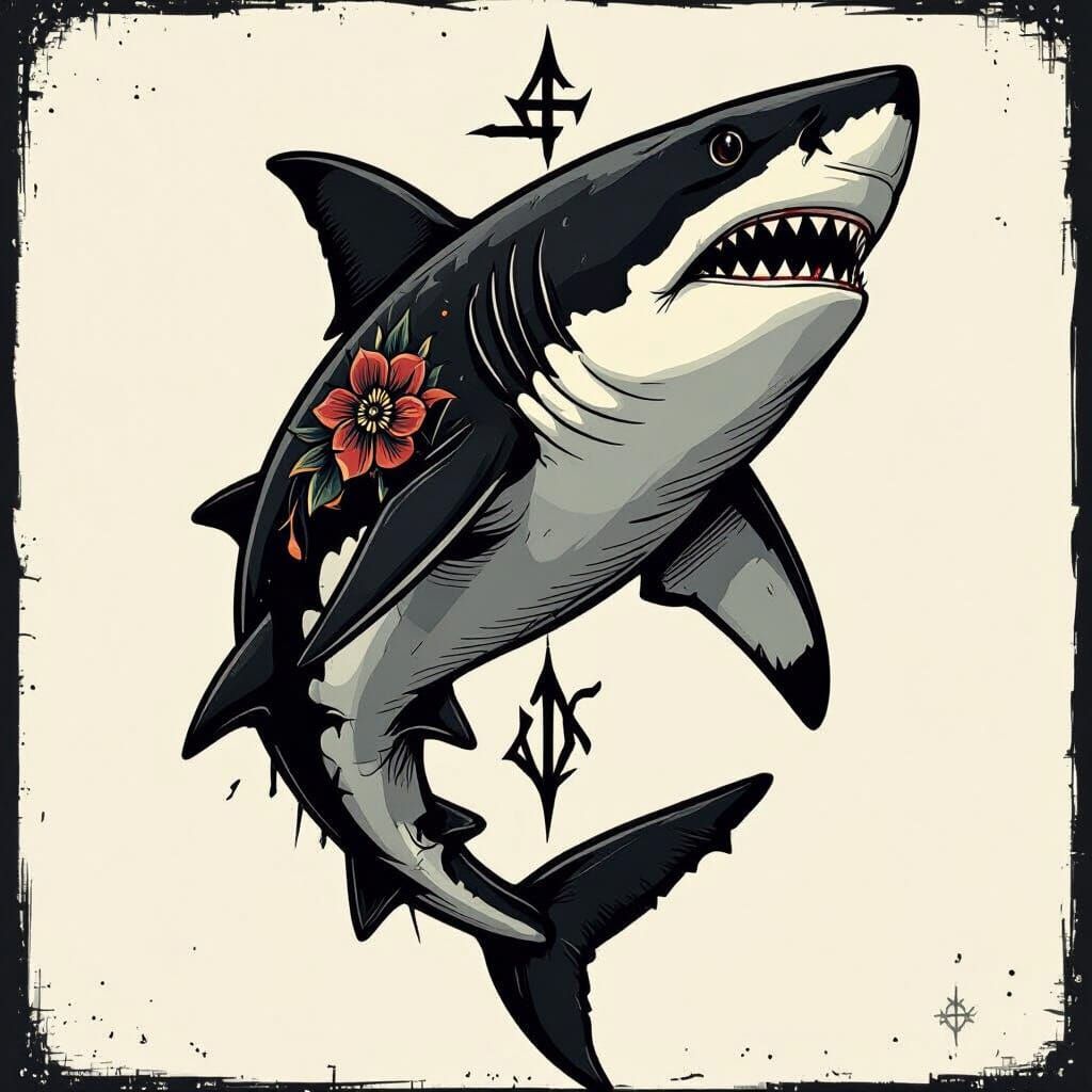 Tattooed Shark Symbol on White, in Comic Book Style