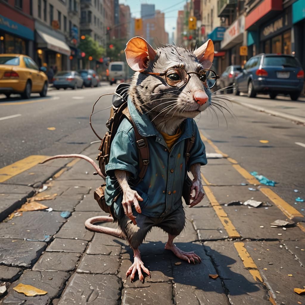 Hyperrealistic Rat Walks City Sidewalk