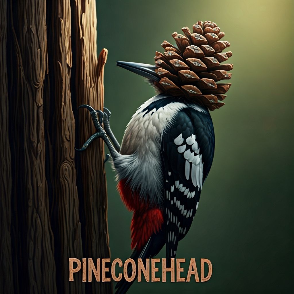 Absurd Woodpecker With Pinecone Head in Cartoon Style