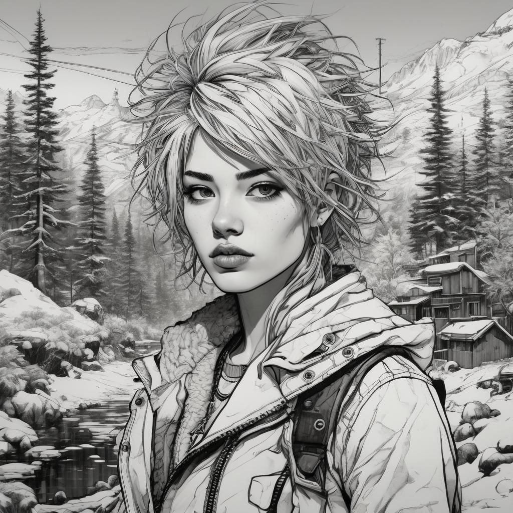 Punk Woman Portrait in Line Art Sketch Style