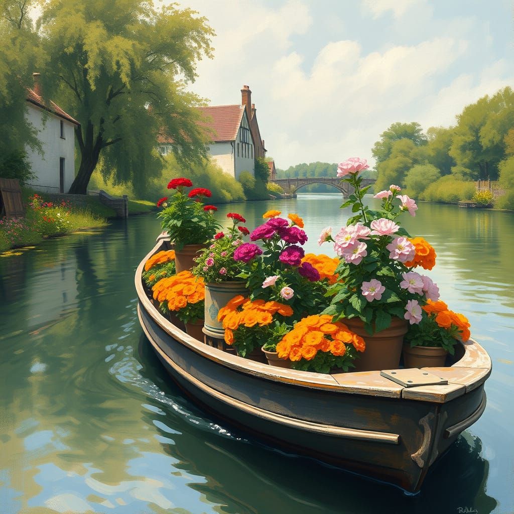 Floating Garden Barge in Impressionist Style