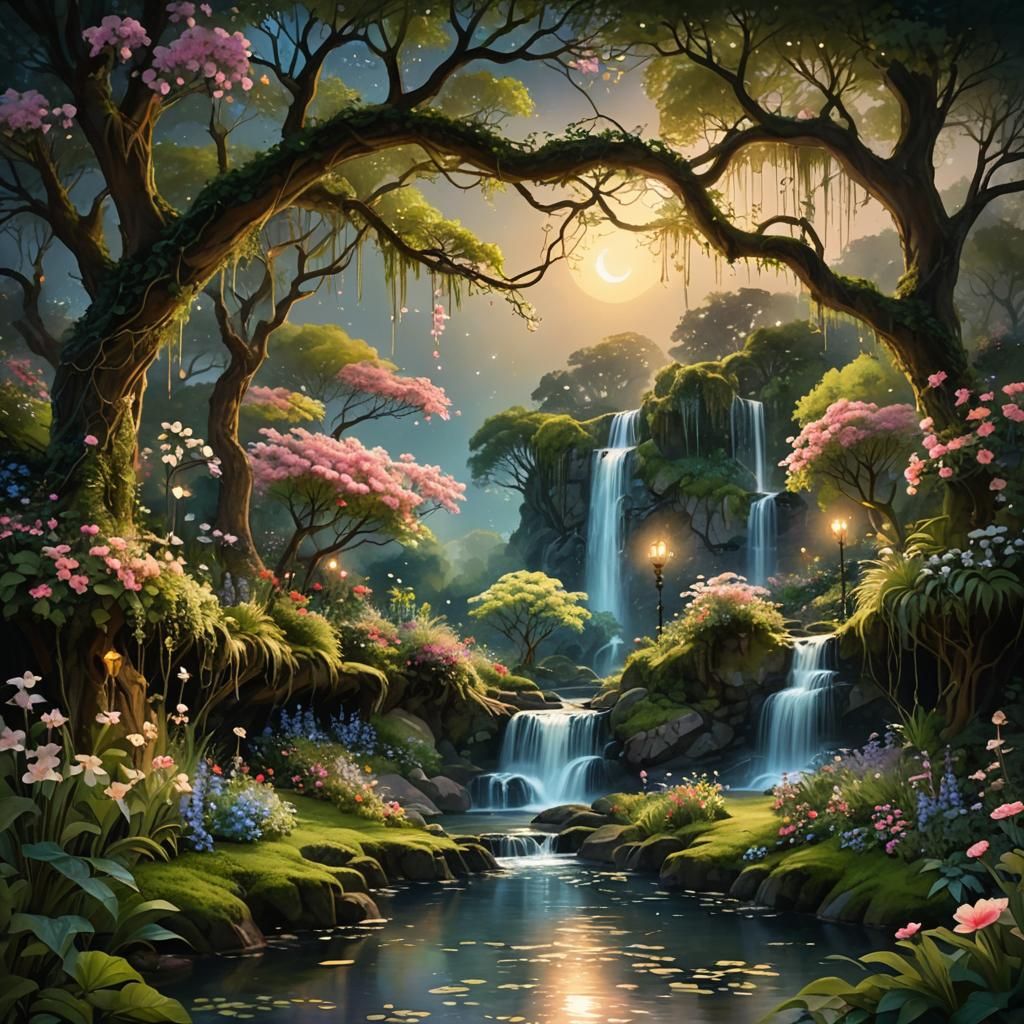 Lush Fantasy Garden Waterfall in Mystical Realism