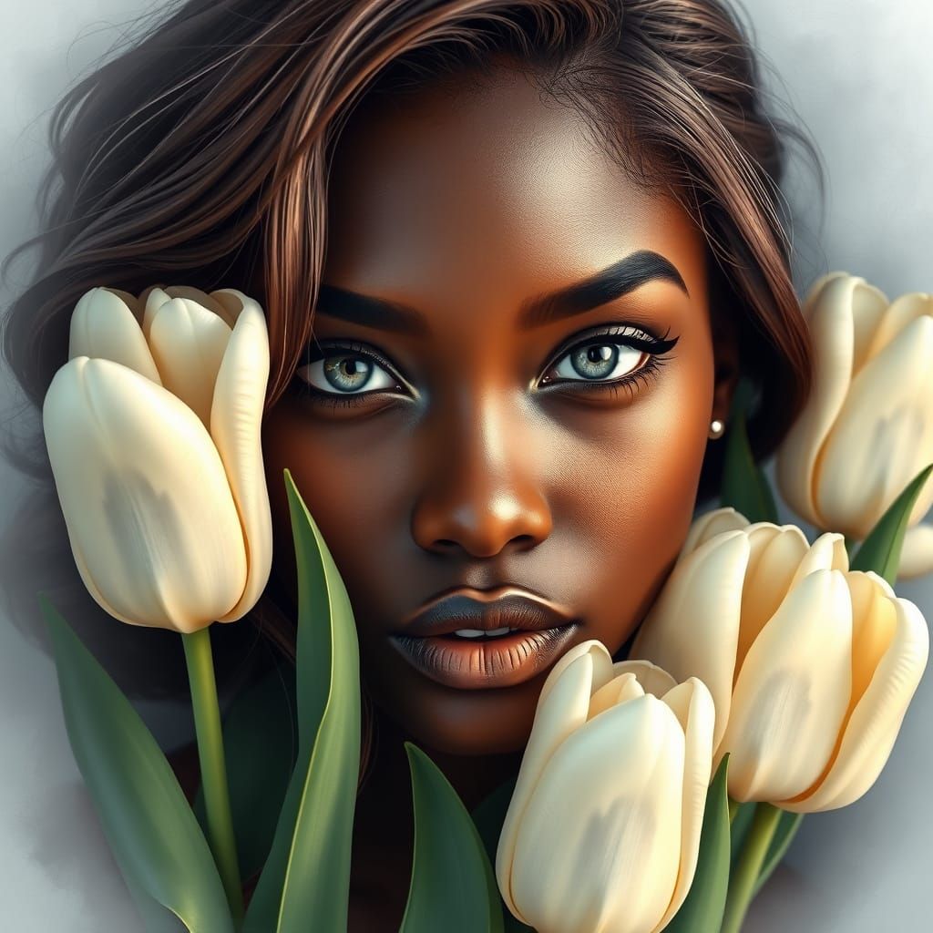 Elegant Portrait with Tulips in Fluid Art Style