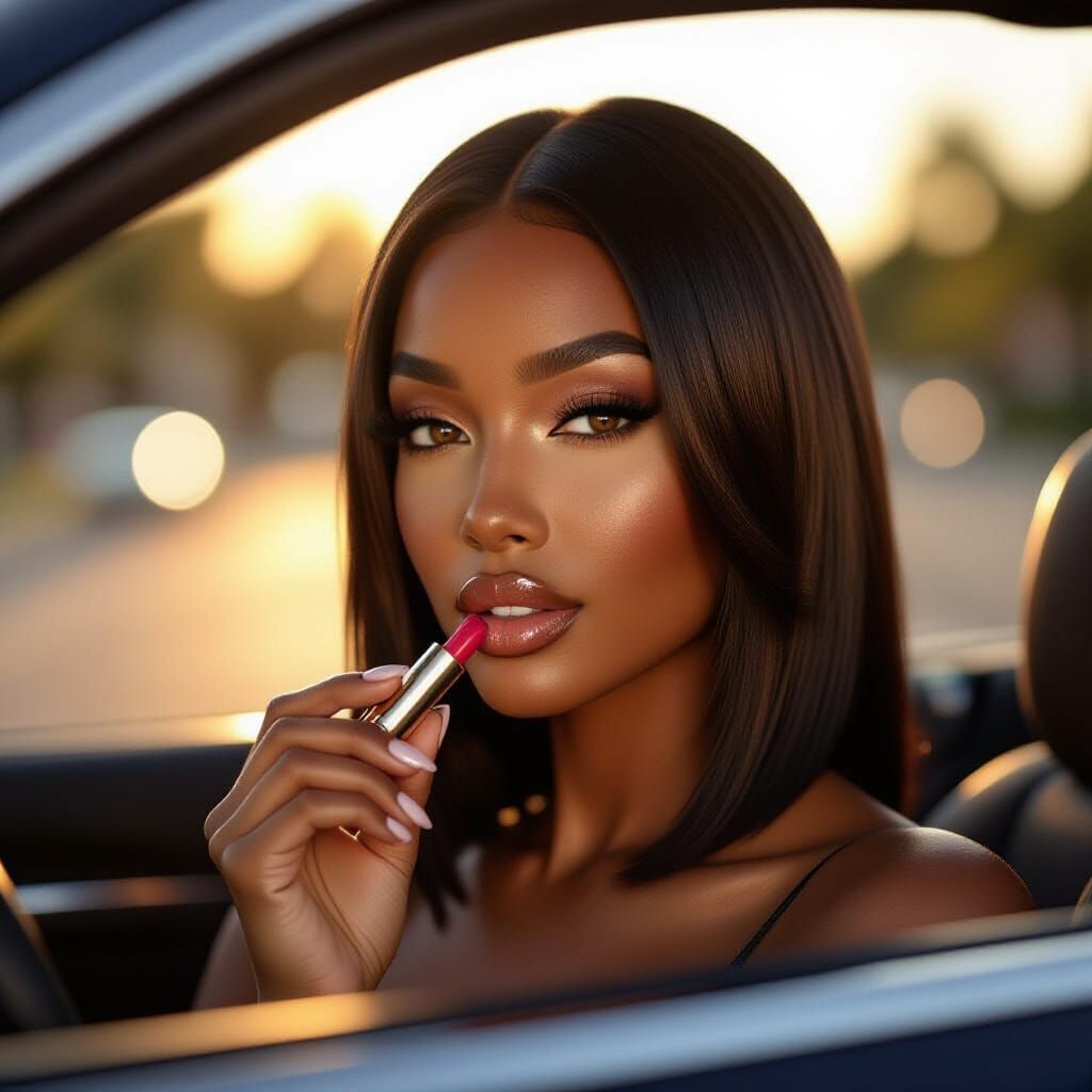 AI Influencer Applying Lip Gloss in Luxury Car