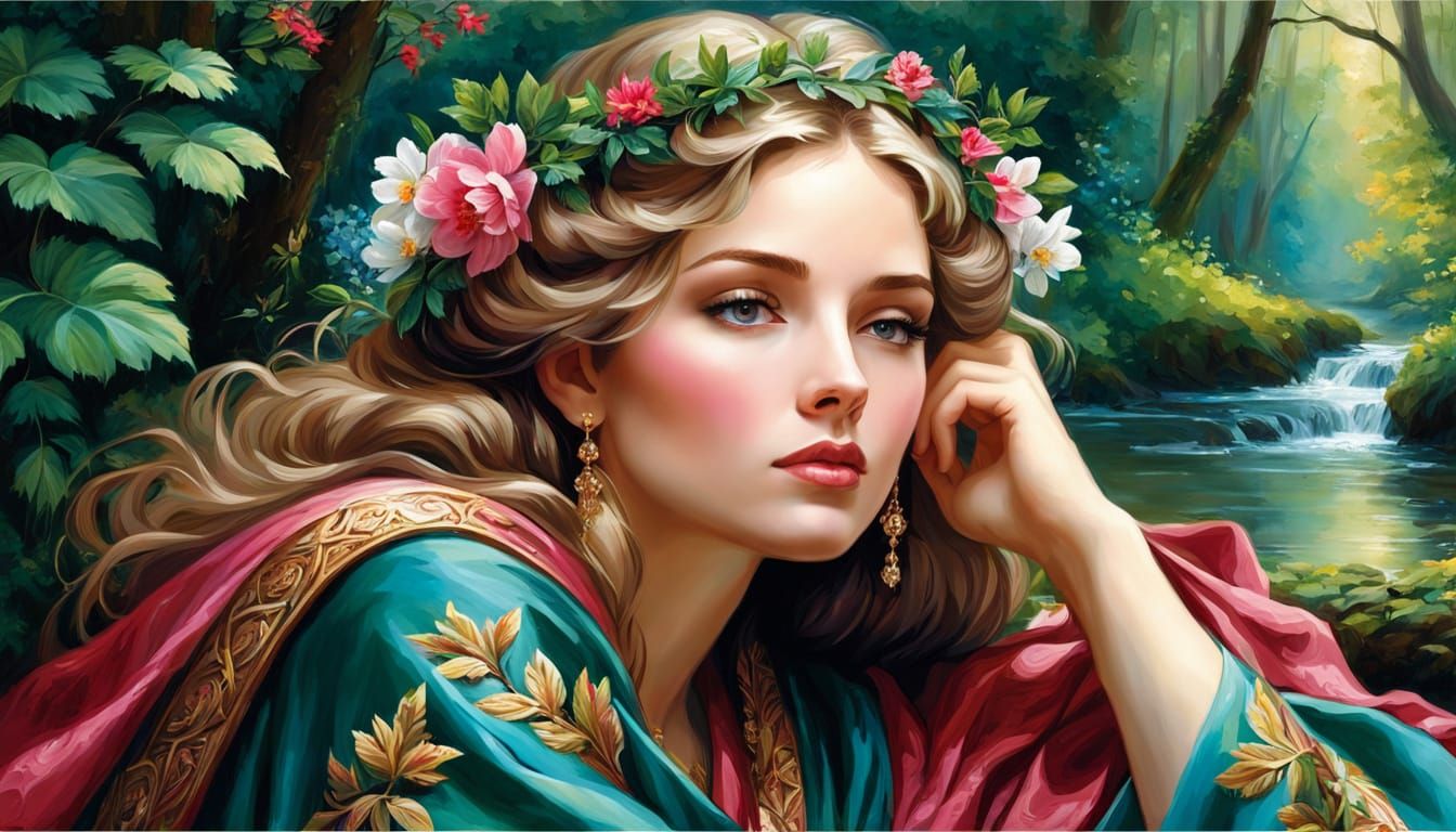 Thoughtful Medieval Woman in Lush Forest