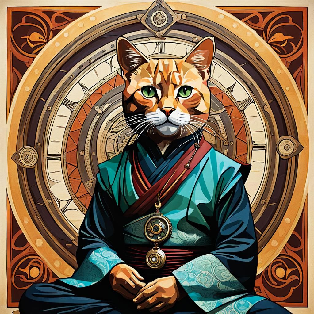 Cubist Steampunk Feline Dalai Lama Yoga Portrait