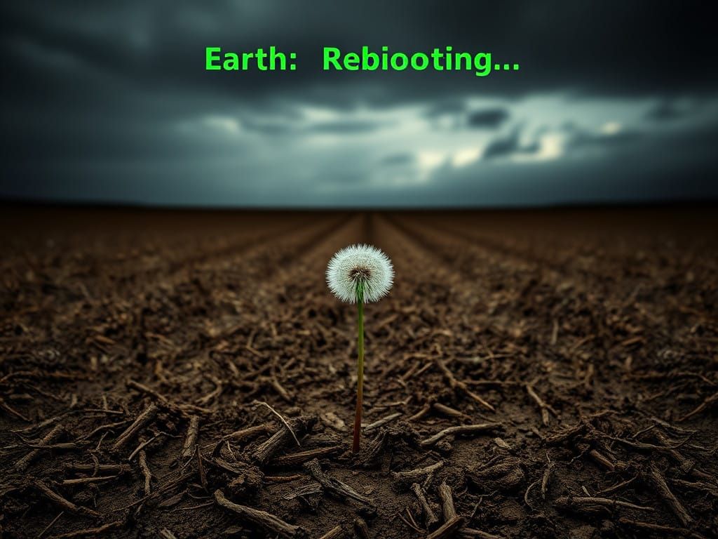 Cyberpunk Landscape with Dandelion Seed in Abandoned Wastela...