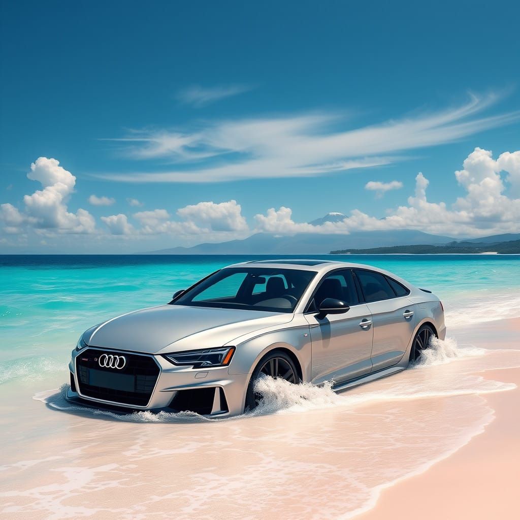 Sleek Silver Audi Car Against a Vibrant Horizon