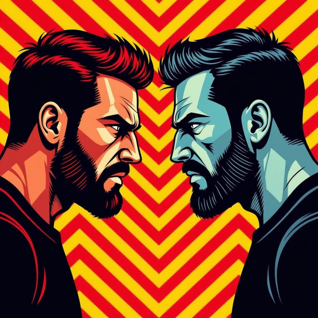 Minimalist Block Print: Tense Staredown on Red Chevron