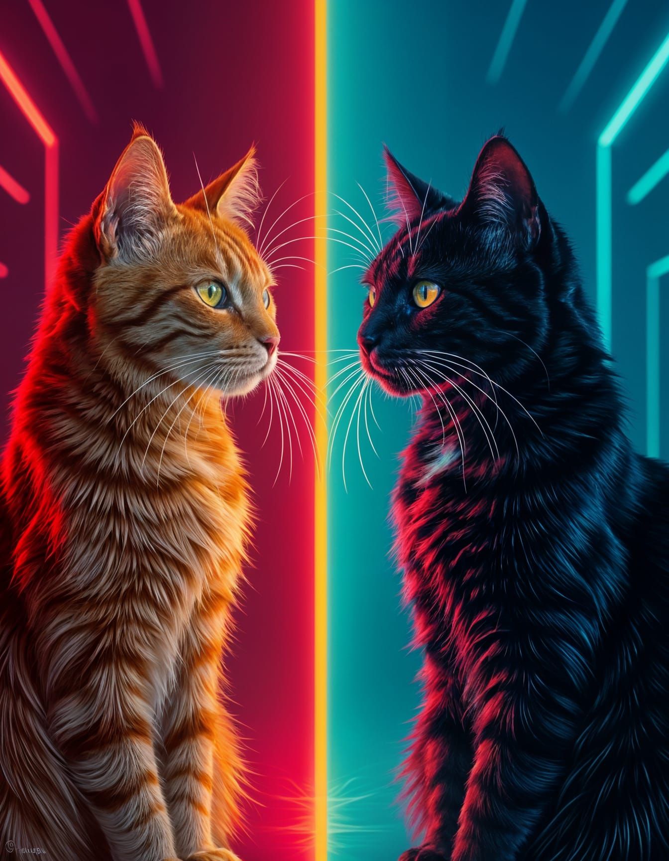 Symmetrical Cats in Neon-Infused Digital Portrait