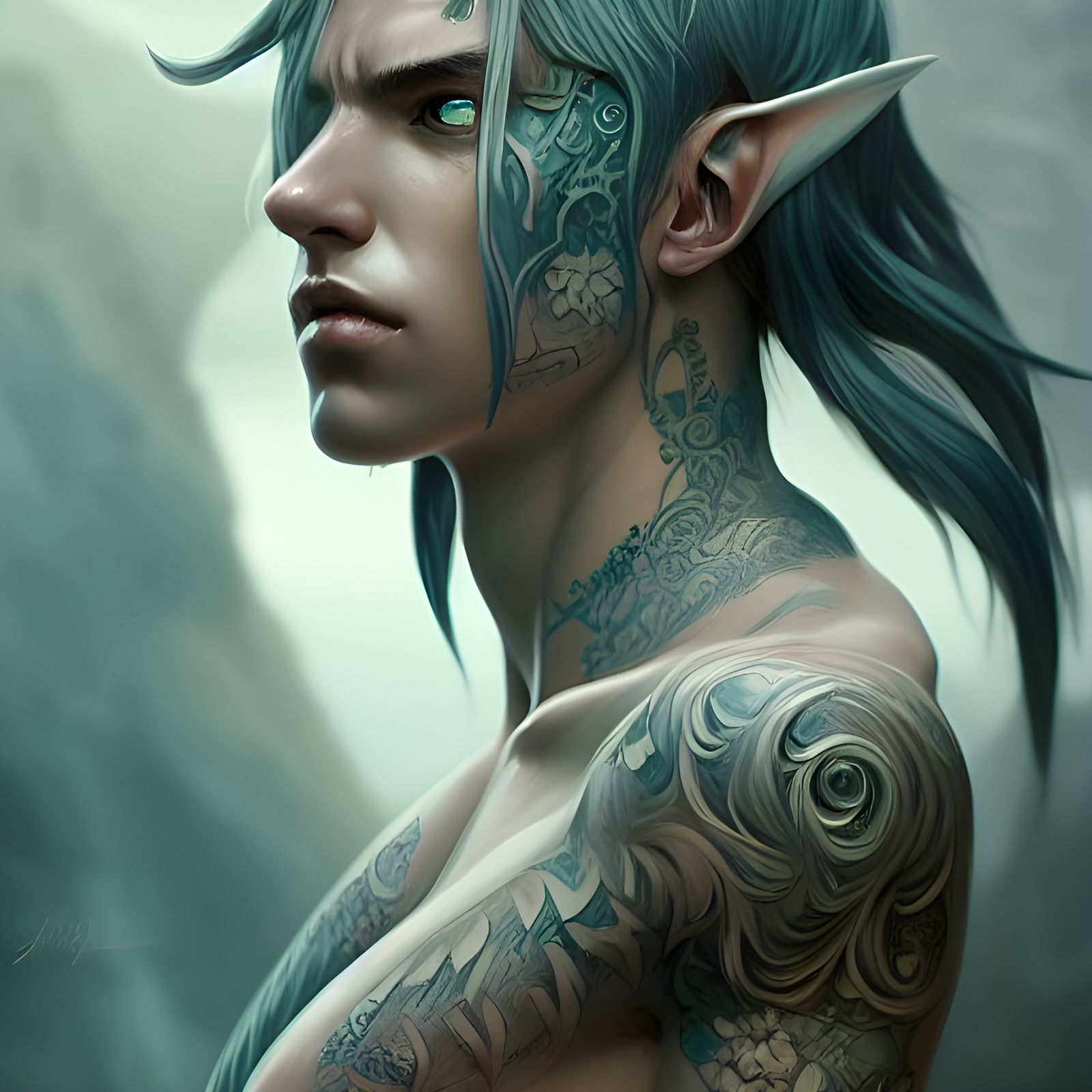 Aquatic Elf with Tattoos in Digital Illustration