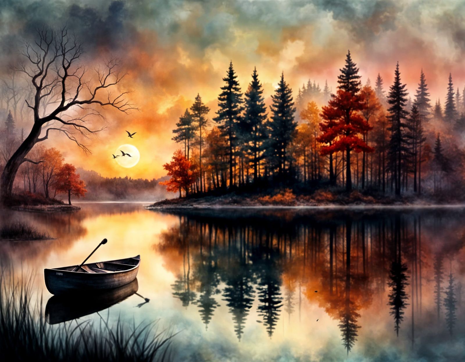 Autumn Sunset on a Dark Lake