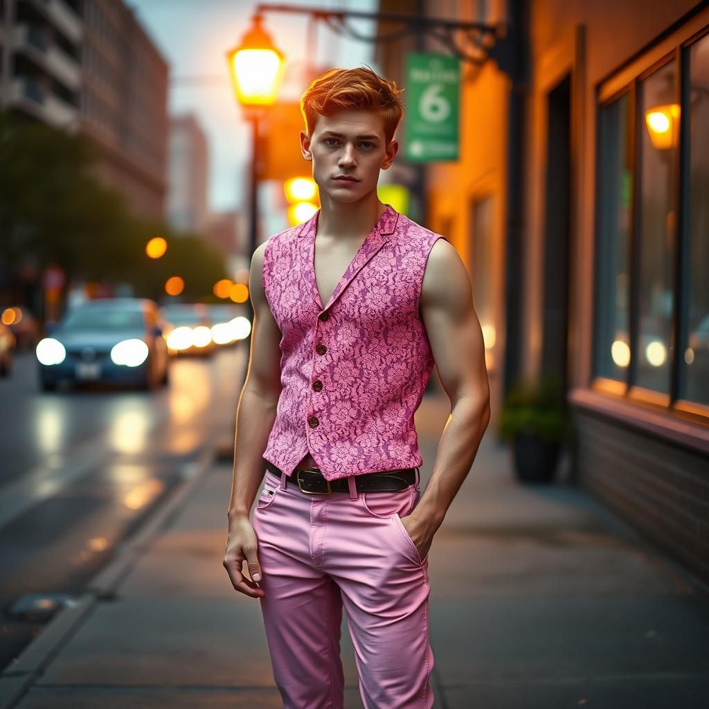 Retro Redhead in Pink Jeans Under Streetlight