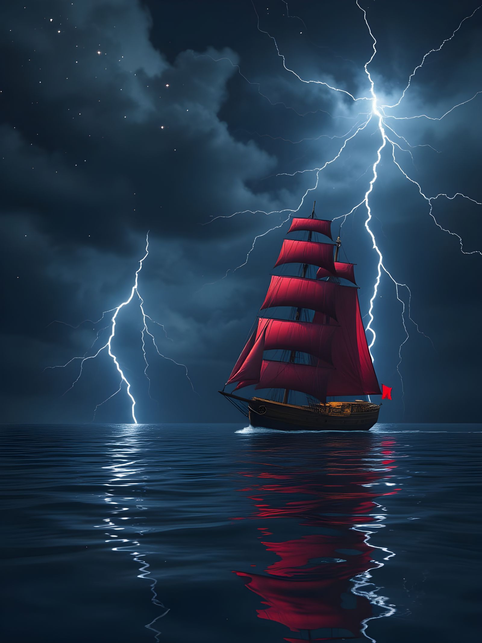 Schooner Amidst a Fiery Stormy Night Sky