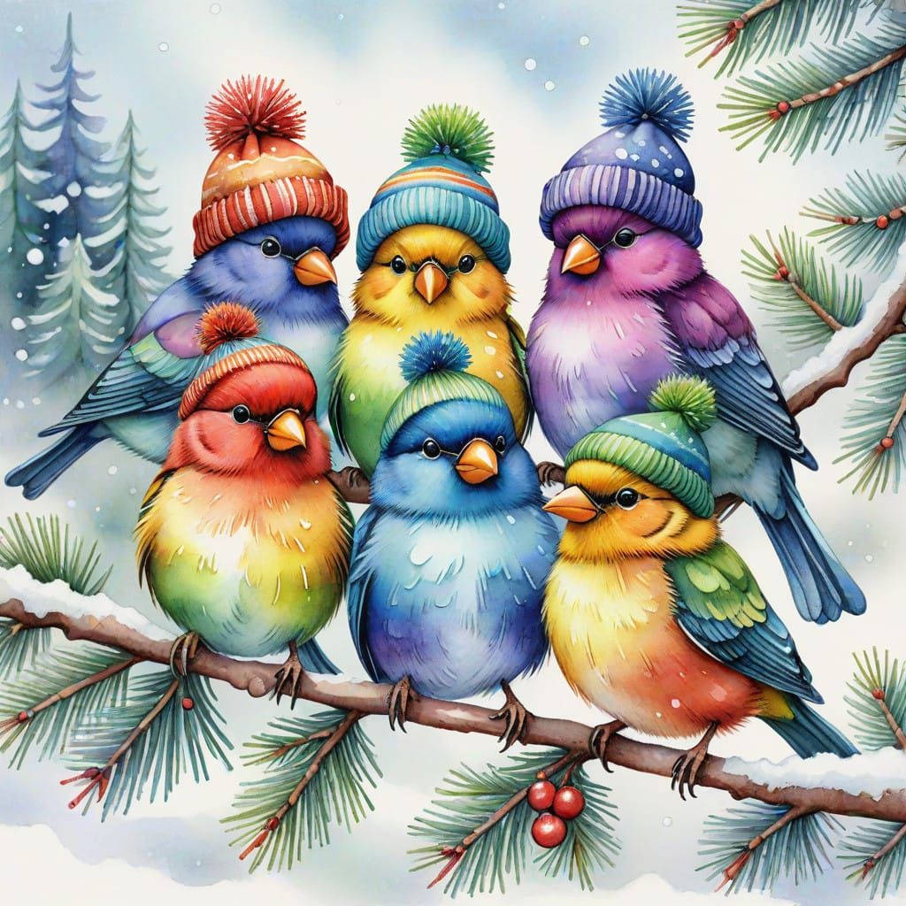 Winter Whimsy: Rainbow Birds on Snowy Fir Tree