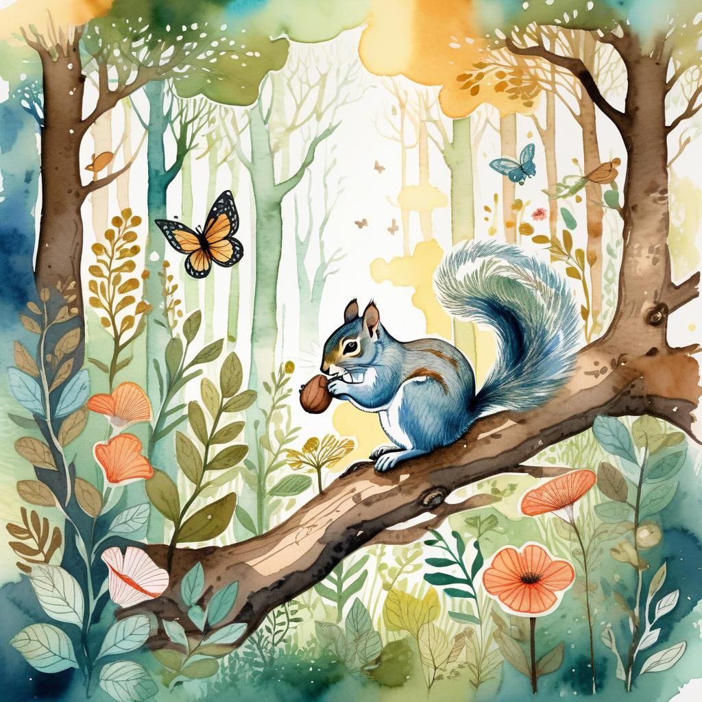 Whimsical Forest Ecosystem in Delicate Watercolor Style