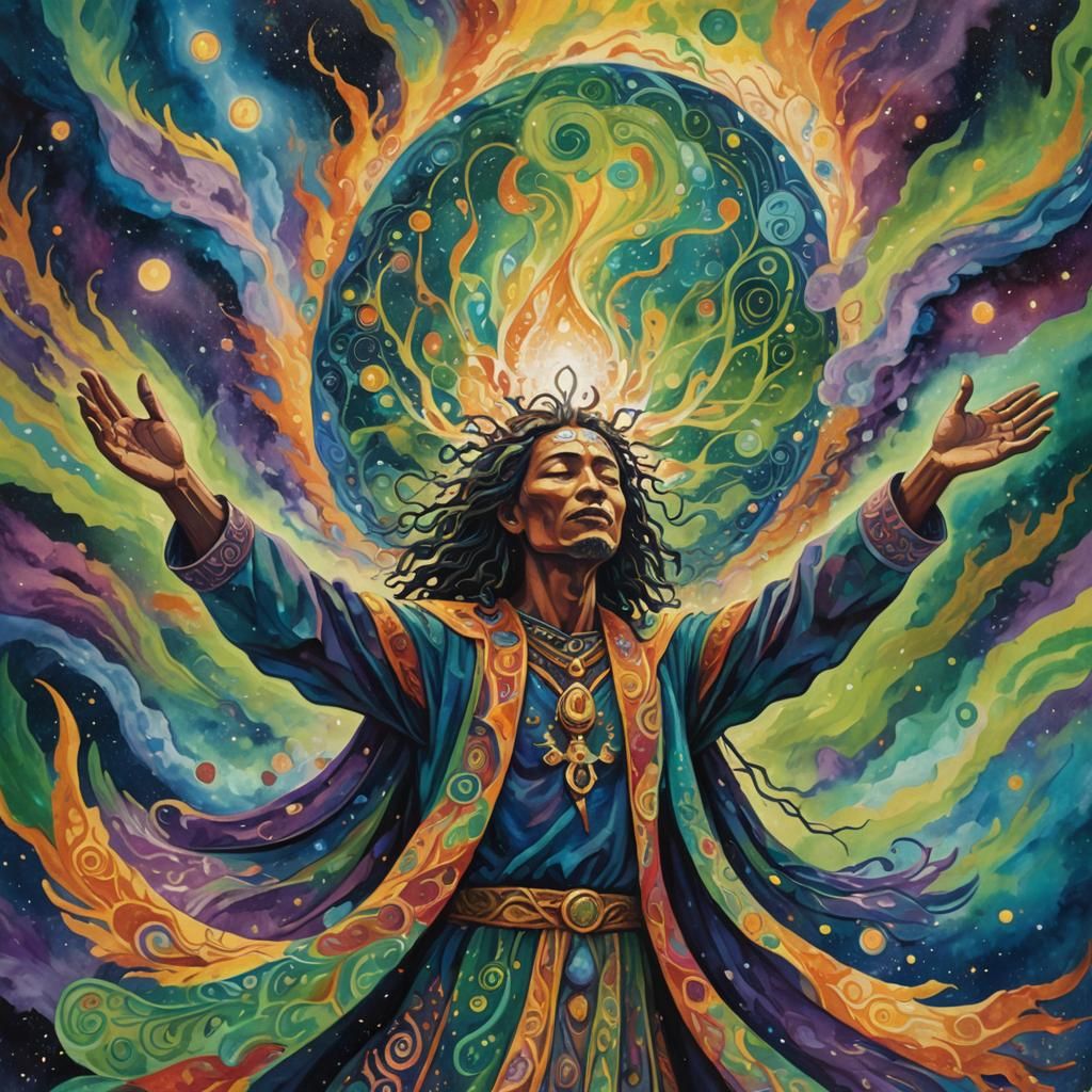 Shamanic Being in Cosmic Gouache Astral Landscape