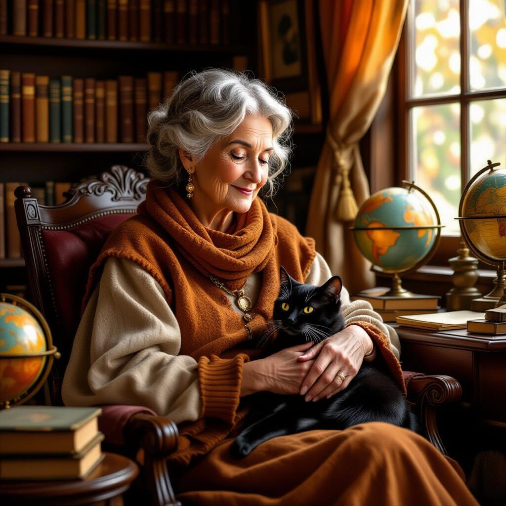 Cozy Study: Post-Impressionist Woman and Cat