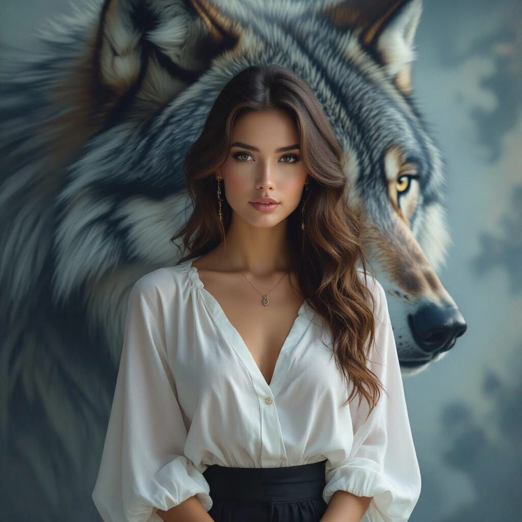 Ethereal Woman with Wolf Background, Mystical Art
