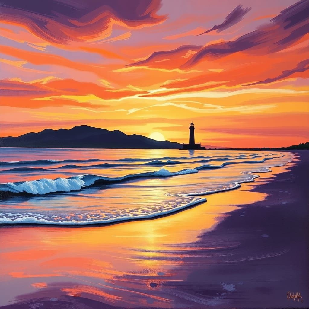 Beach Sunset with Lighthouse: Impasto Style Painting