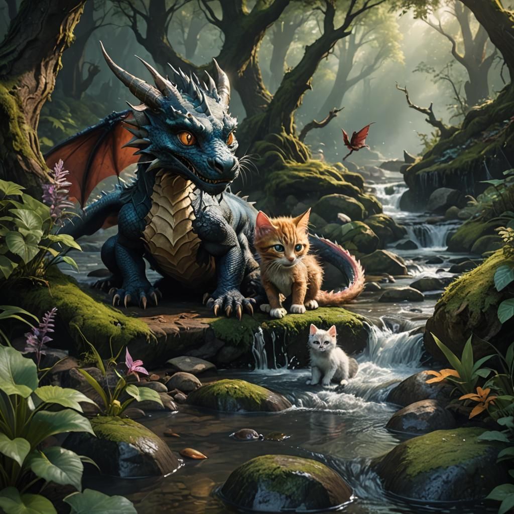 Dragon and Kitten Play by Forest Stream