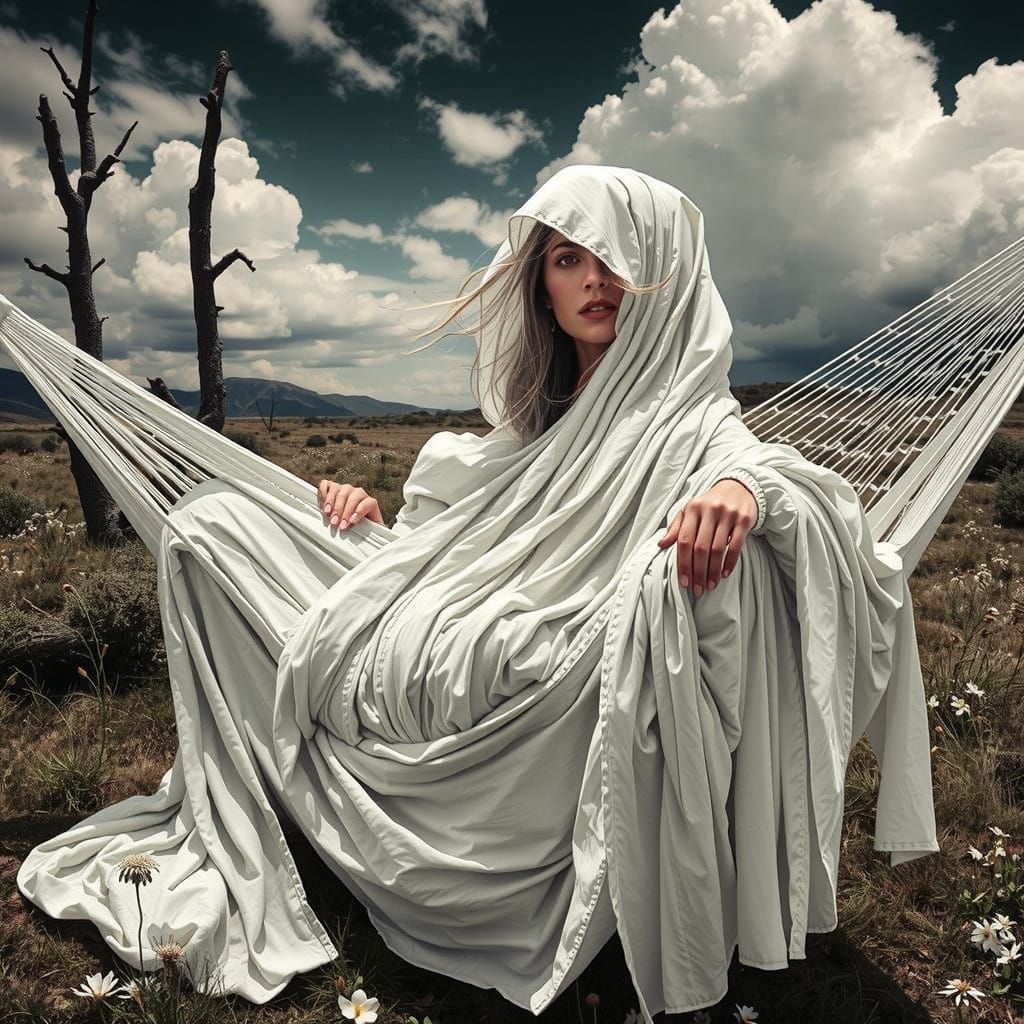 Mysterious Women in Elegant Hammocks Under Moorland Sky
