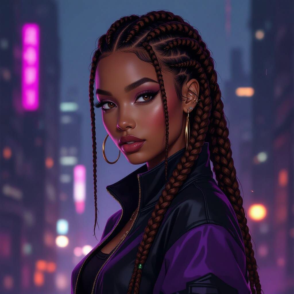 Cool Villain Girl With Box Braids in Cyberpunk City