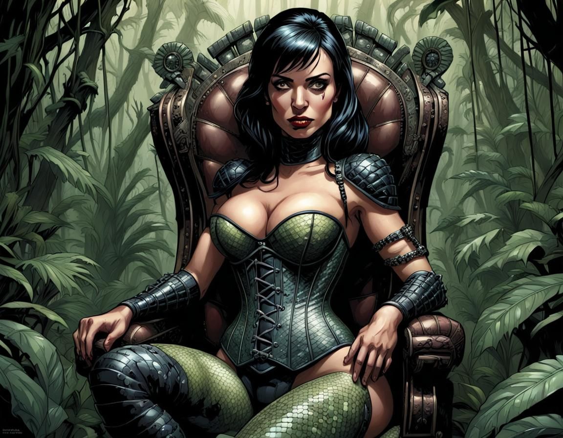 Snake-Eyed Woman on Jungle Throne: Comic Book Art