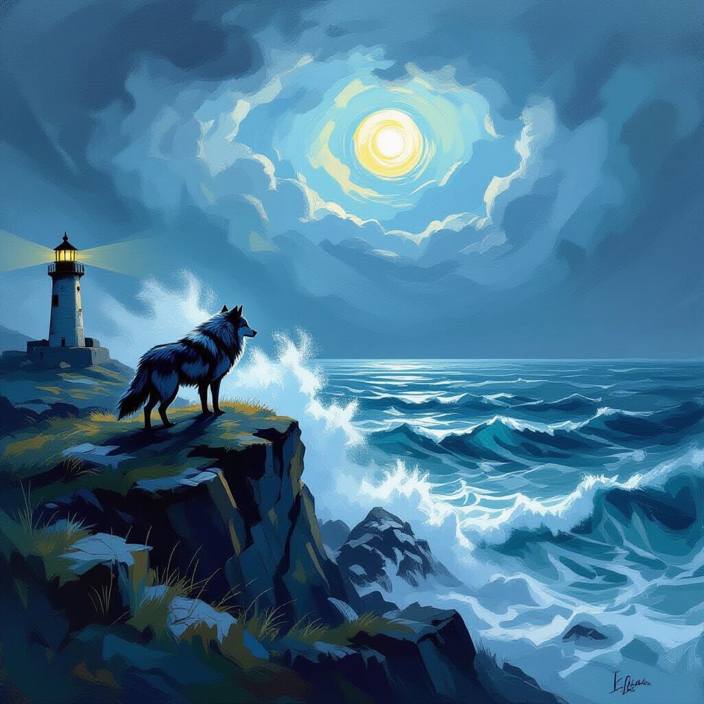 Lone Wolf on Cliff Overlooking Stormy Sea