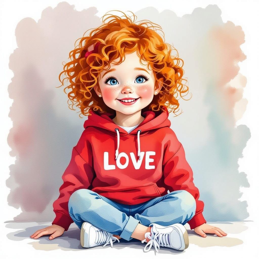 Joyful Ginger Girl in Watercolor Style