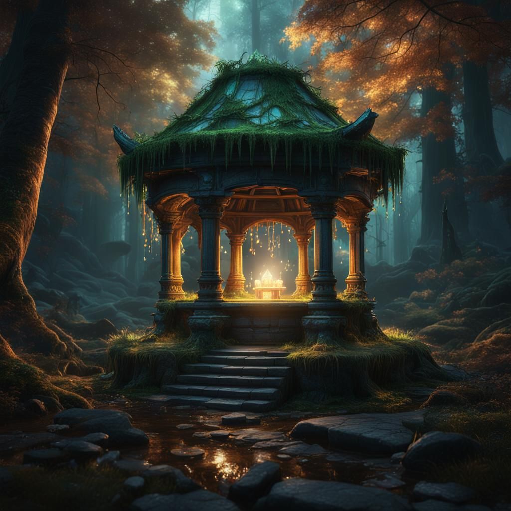Glowing Wishing Well in Dark Fantasy Forest