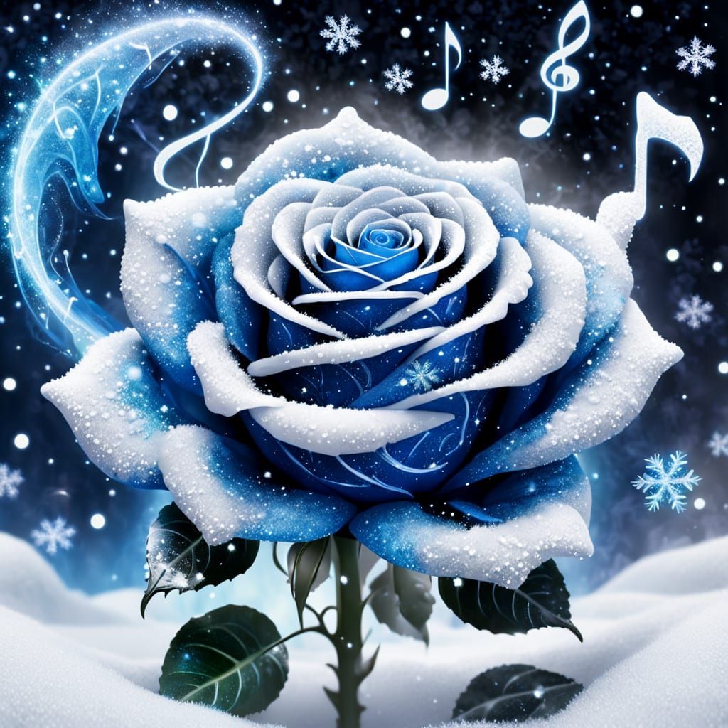 Surreal Blue Rose with Neon Music Notes