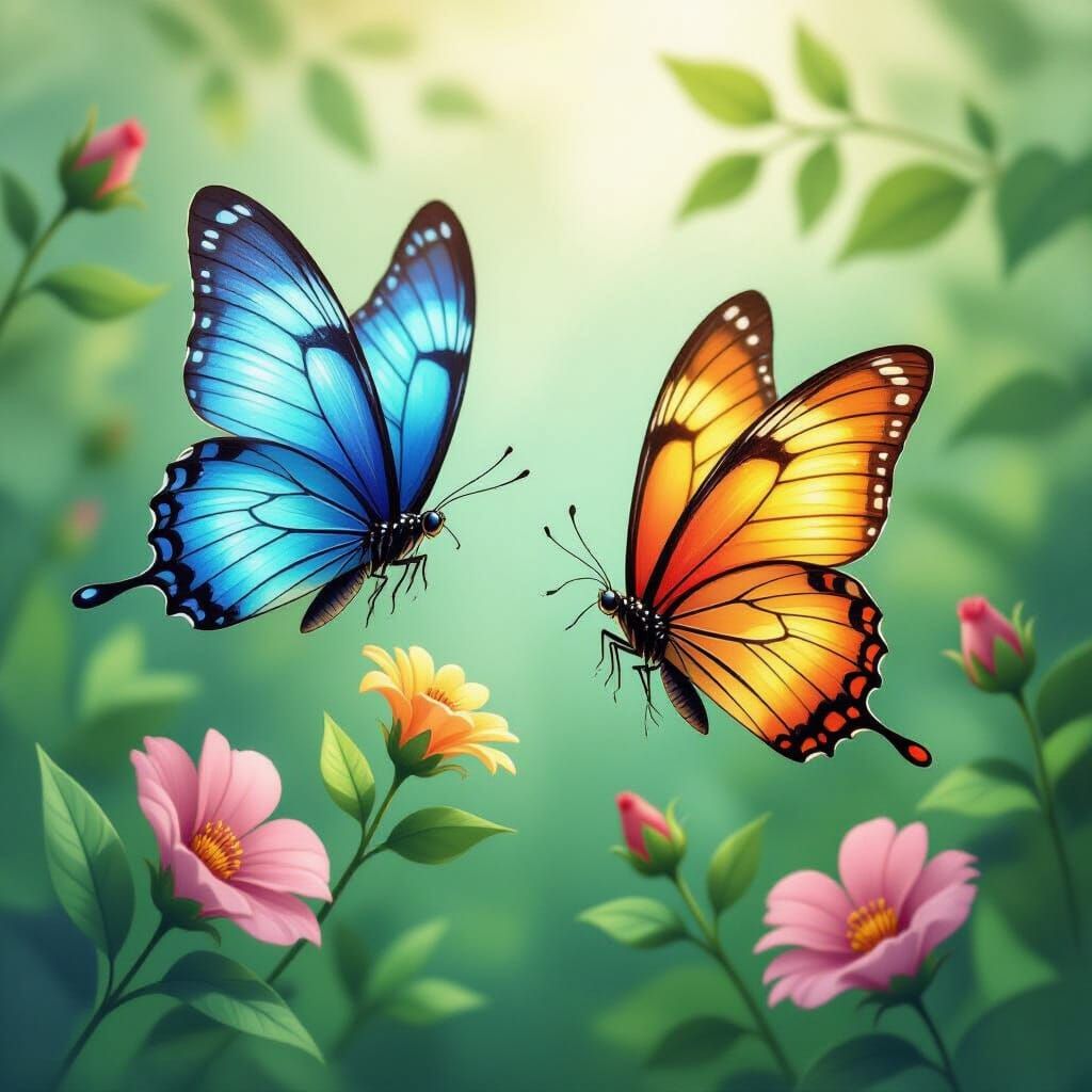 Butterflies in Watercolor Style Searching for Flowers