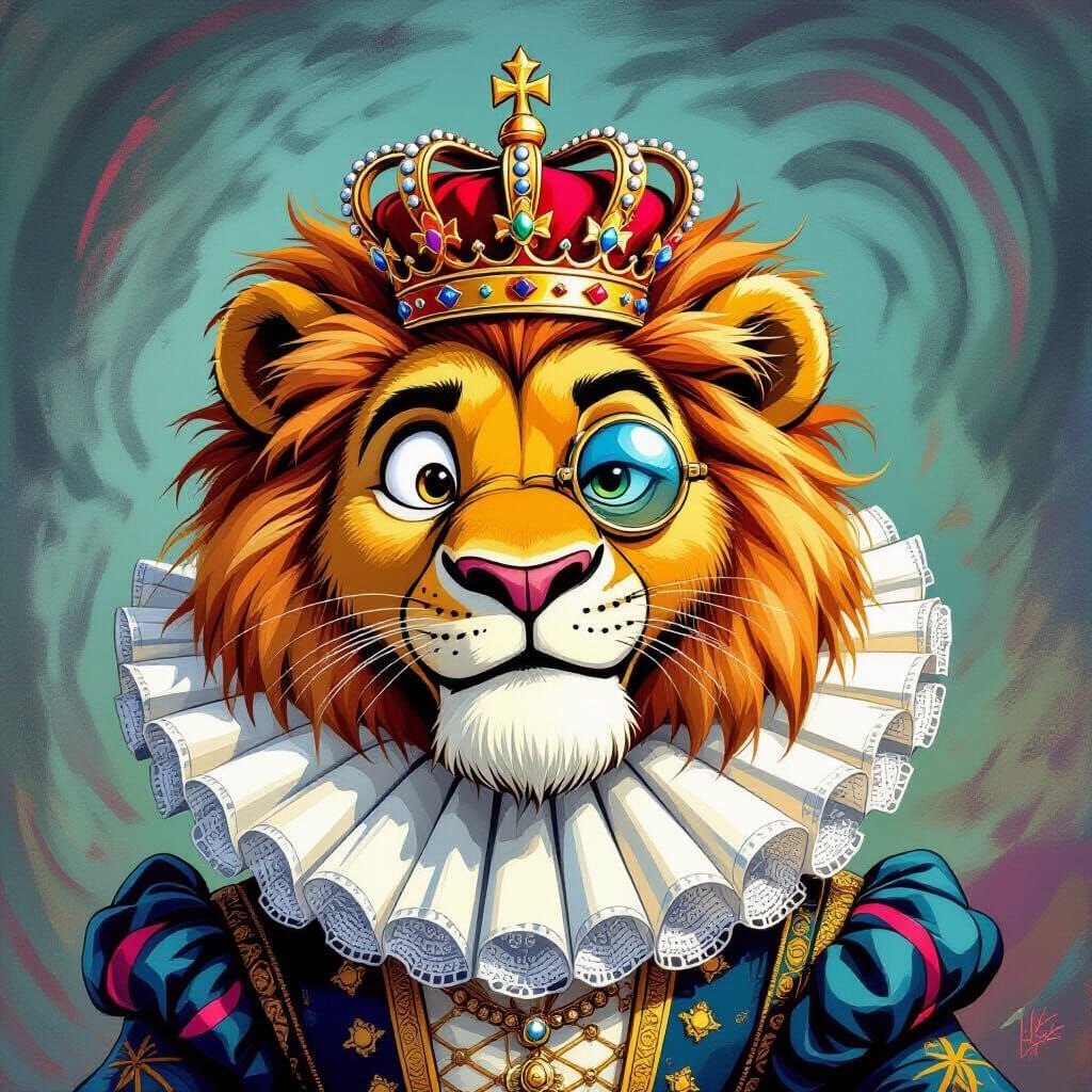 Exaggerated Lion King Caricature with Crown and Monocle