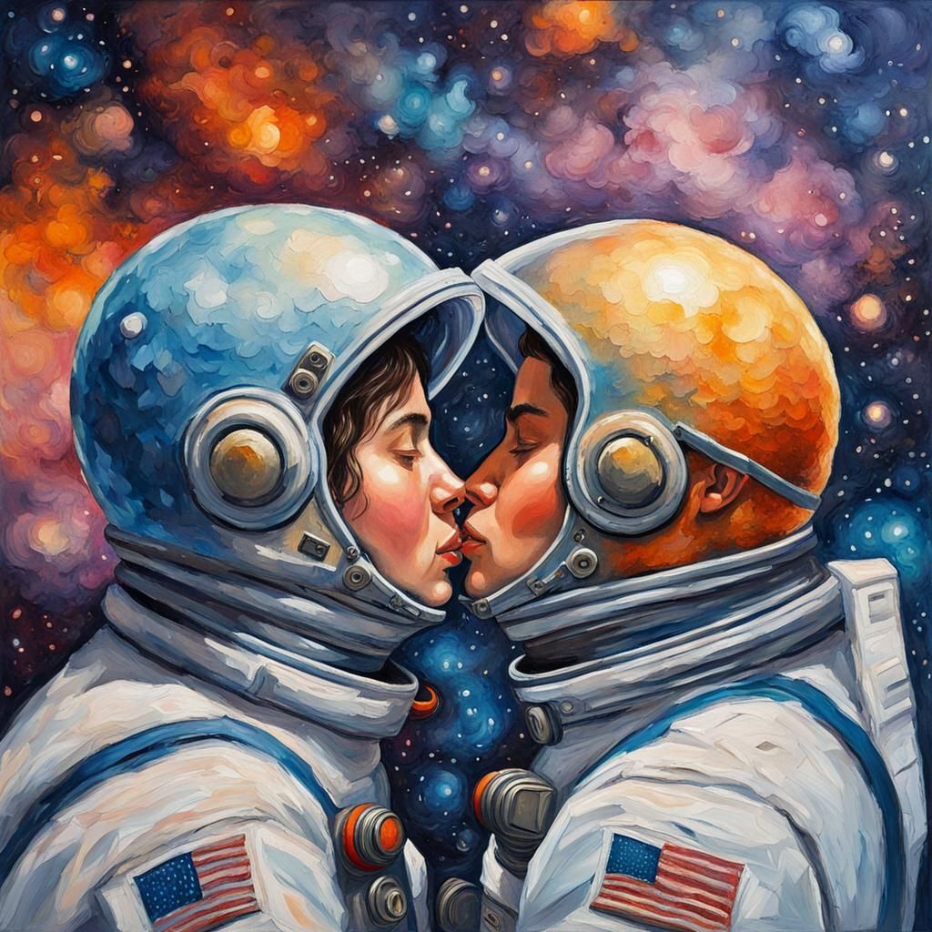 Astronauts' Celestial Kiss: A Neo-Impressionistic Painting