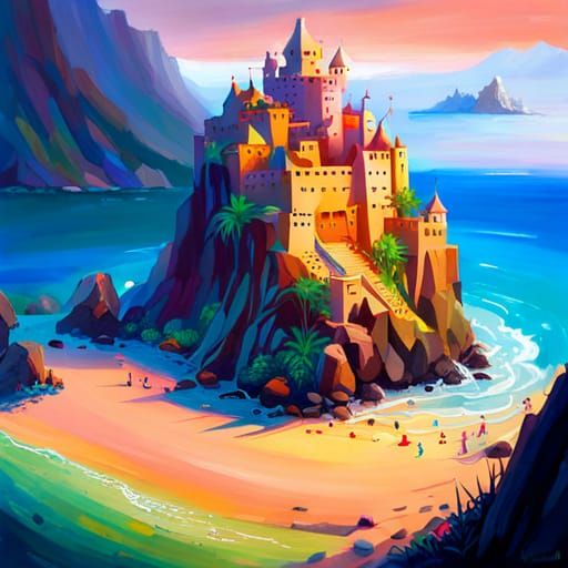 Tropical Beach Oil Painting with Sand Castle
